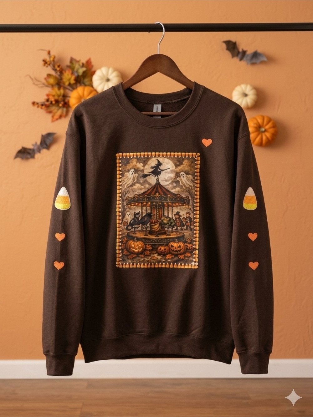 Gildan Brown Halloween Carousel Graphic Sweatshirt